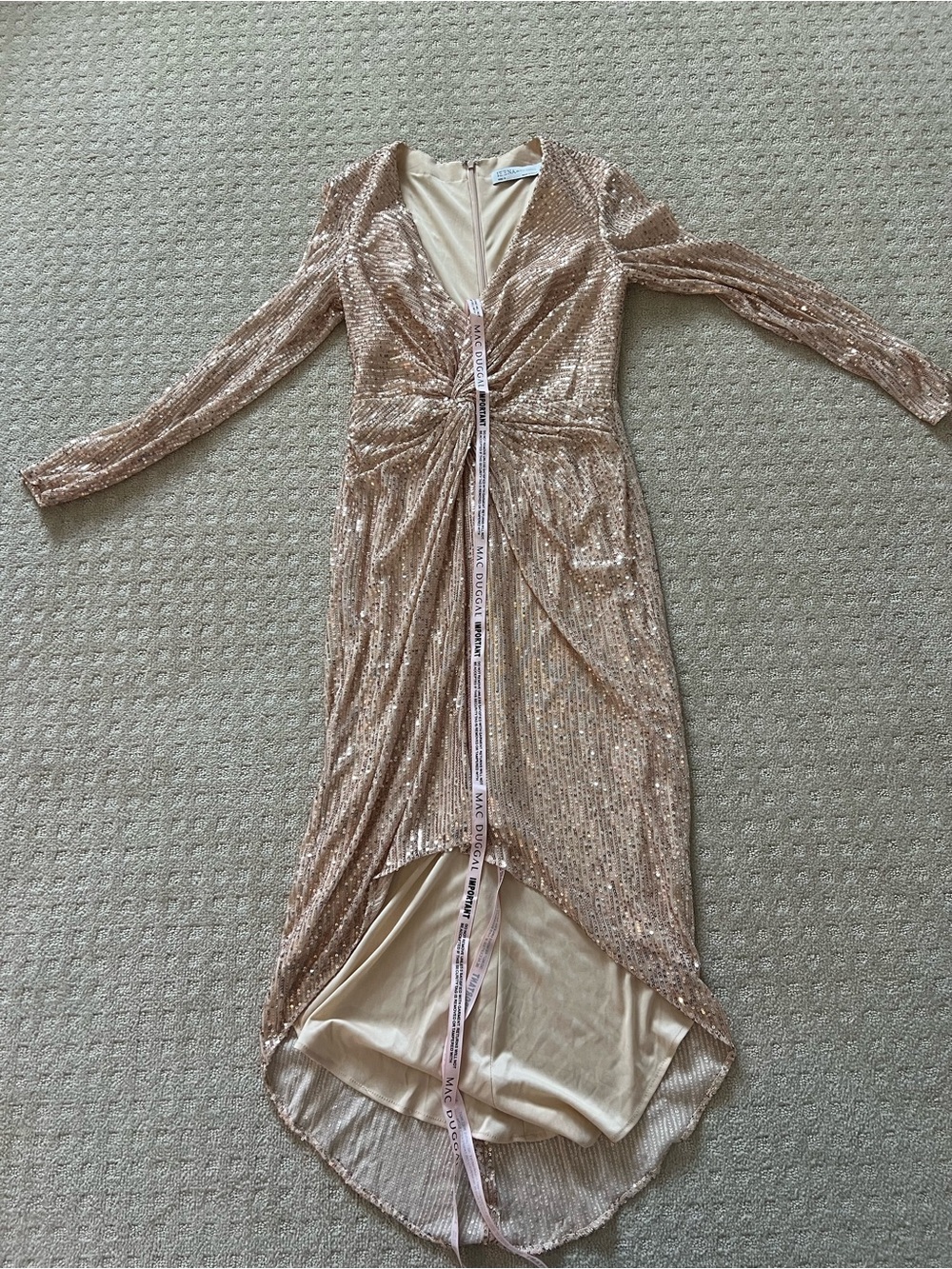 Mac Duggal Rose Gold Sequin High-Low Twist Dress